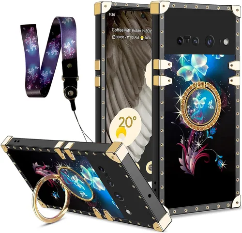 Vista 56 de nancheng Funda para Google Pixel 6 de lujo, diseño de abeja, corazón y abeja, chapado en oro, con anillo de diamante de 360°, correa de cordón