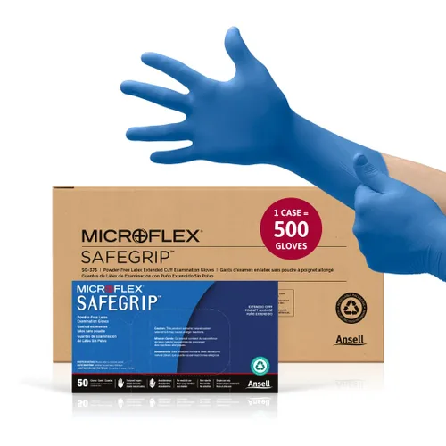 Vista 5 de Guantes de látex con puño extendido, 11.6 pulgadas de largo, 11 mils de grosor. Marca Microflex, S, Azul, 50