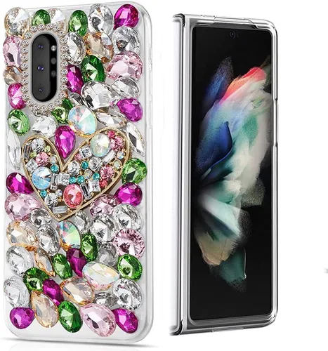Vista 12 de Sparkle - Funda compatible con Samsung Galaxy Z Fold 3 5G, elegante funda 3D hecha a mano con diamantes de imitación de camelia, color negro