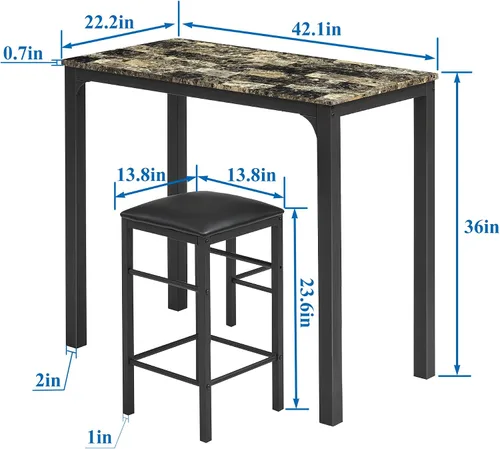 Vista 7 de VECELO Mesa de desayuno de 3 piezas con altura de mostrador de pub con 2 taburetes de bar, juego de comedor para 2, marrón oscuro