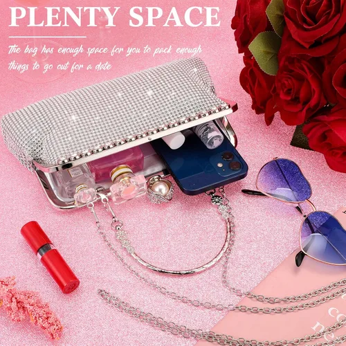 Vista 6 de Bolso de mano para mujer, bolso de noche con diamantes de imitación y purpurina de doble cara con cadena, bolso cruzado de hombro para fiesta
