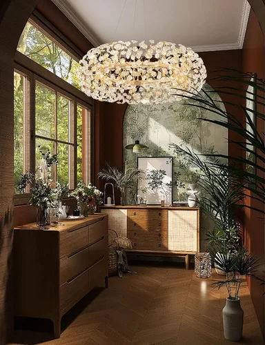 Vista 13 de ykolupty - Candelabro de diente de león dorado de 8 luces para comedor, lámpara colgante Sputnik con control remoto, candelabro de cristal moderno