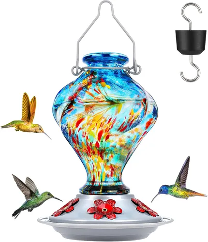 Vista 14 de BOLITE - Alimentador de colibríes, de vidrio soplado a mano, para colgar en exteriores, con trampa para hormigas y 5 puertos de alimentación, 22
