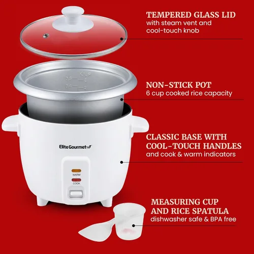 Vista 4 de Elite Gourmet ERC-003X - Arrocera eléctrica con mantenimiento automático del calor, hace sopas, guisos, granos, cereales calientes, 6 tazas cocidas
