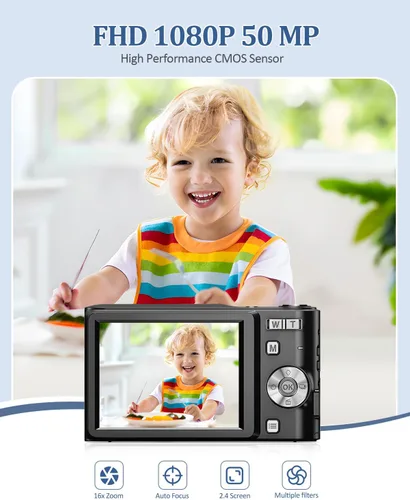 Vista 2 de Cámara digital mejorada, 50 MP de alta definición completa, 1080P con zoom de 16x antivibraciones, cámara compacta para niños, estudiantes, niños