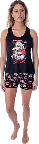 Vista 2 de DC Comics - Conjunto de pijama Harley Quinn para mujer, camiseta sin mangas y pantalones cortos con espalda cruzada, Negro