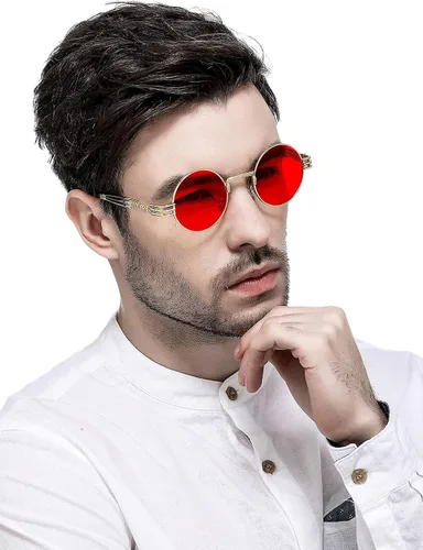 Vista 3 de AIEYEZO Gafas de sol redondas steampunk Circle Lennon Hippie, marco de metal, lente de bloqueo UV 100%