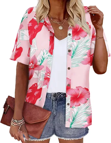 Vista 38 de LILYCHIC Camisas hawaianas de verano con botones de coco para mujer, camisas suaves con botones de manga corta A-hoja floral negra