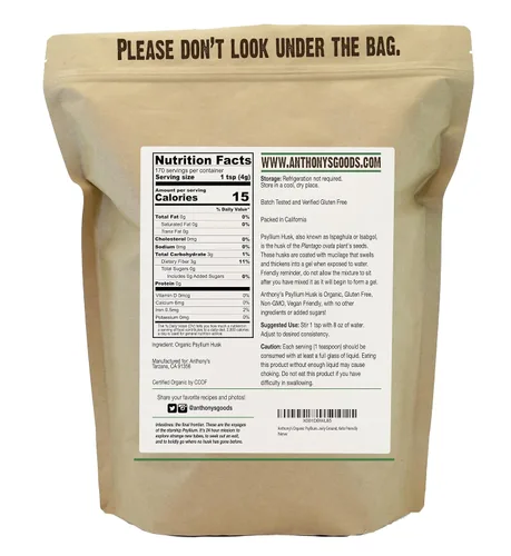 Vista 2 de Polvo de Cáscara de Psyllium Orgánico de Anthony's, 1.5 lb, Sin Gluten, Sin OGM, Finamente Molido, Apto para Dieta Cetogénica