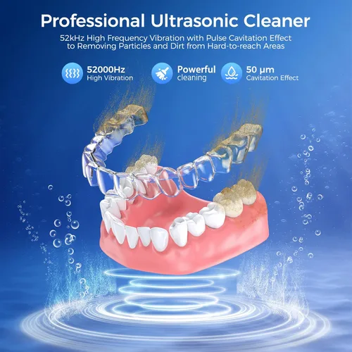 Vista 2 de TEBAL Limpiador ultrasónico de retenedores, limpiador ultrasónico de dentaduras postizas de 52 kHz para guardias nocturnos, frenos, alineador