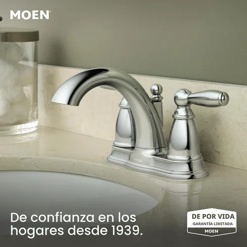 Vista 2 de Moen Brantford Cromo Llave de baño centrada de arco bajo tradicional de dos manijas con montaje de desagüe, 6610