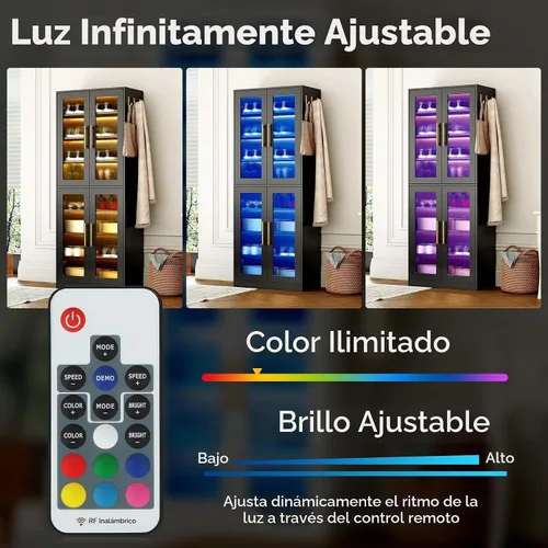 Vista 8 de LITTLE TREE Elegante zapatero vertical de 8 niveles con iluminación LED integrada, puertas para protección contra el polvo y prácticos ganchos Negro