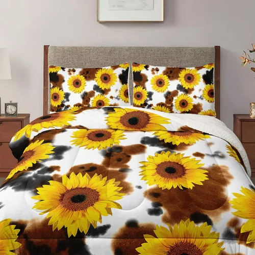 Vista 2 de Axolotl Juego de edredón sherpa de girasoles amarillos, estampado de vaca marrón, suave y acogedor, ropa de cama de parche reversible floral