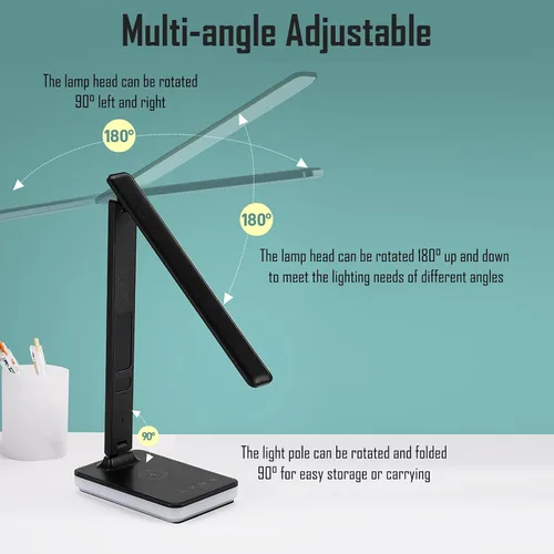 Vista 9 de Lámpara de escritorio LED con carga inalámbrica y por cable, luz de mesa plegable, 5 modos de brillo y 3 modos de iluminación, pantalla de tiempo