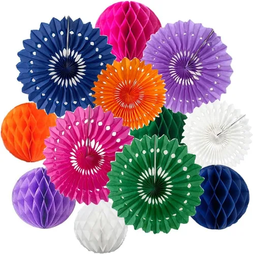Vista 17 de 12 piezas de bolas de panal de 6 pulgadas y 8 pulgadas, abanicos de papel de seda, abanicos de bolas de panal para fiestas, decoraciones de pared