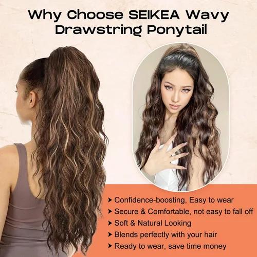 Vista 5 de SEIKEA PT003 - Extensión de cola de caballo de 26 pulgadas, cola de caballo larga con cordón, extensiones de cabello ondulado con clip, extensiones