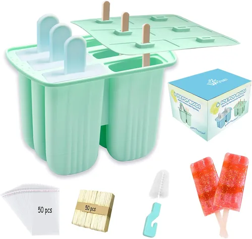 Vista 12 de Moldes de silicona para paletas con palillos, 6 cavidades, molde para helado con cepillo limpio, 6 palitos reutilizables, 50 palitos, 50 bolsas Azul