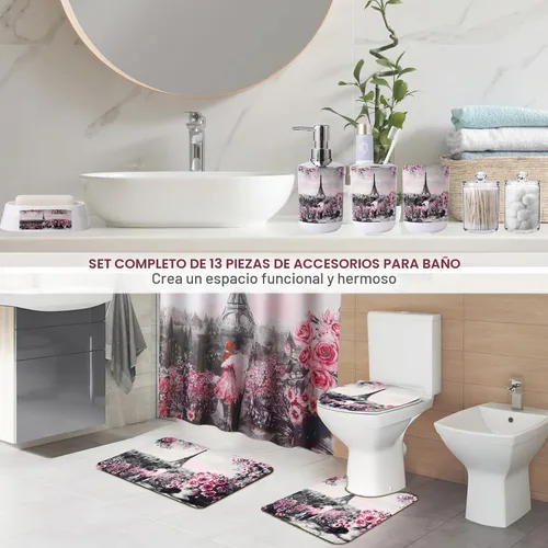 Vista 2 de Juego de accesorios de baño con cortina de ducha y tapete de baño rosado de París