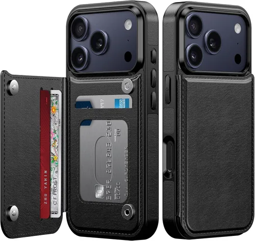 Vista 173 de FUNMIKO Funda tipo cartera para iPhone 15 con tarjetero + clip para efectivo, bloqueo RFID, protección contra caídas de grado militar y obras