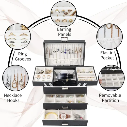 Vista 4 de Dajasan Cajas de joyería para mujeres y niñas, caja organizadora de joyas, organizador de joyas grande de 4 capas para aretes, anillos, collares