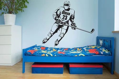 Vista 6 de Calcomanía de pared personalizada de jugador de hockey con nombre y número personalizados, arte de pared de vinilo para entusiastas