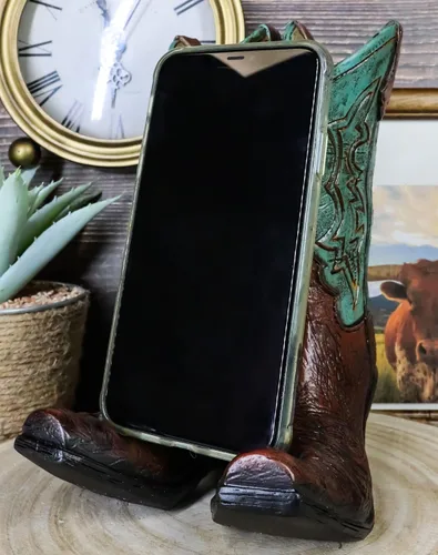 Vista 8 de Ebros Gift Botas vaqueras de cuero sintético de color verde azulado rústico occidental, portarretratos para libros de recetas, soporte para teléfono