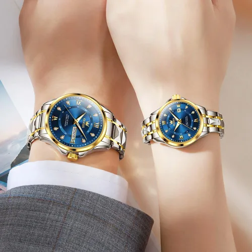 Vista 3 de OLEVS Reloj de cuarzo para parejas, calendario luminoso, fecha, negocios, formal, de lujo, para hombres y mujeres, impermeable, casual, acero