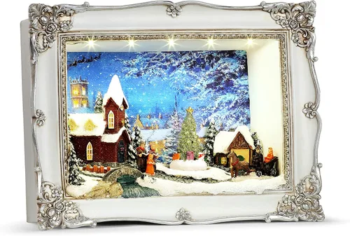 Vista 4 de Mr. Christmas - Caja de sombra con marco de resina dorada del 90º aniversario con carrusel