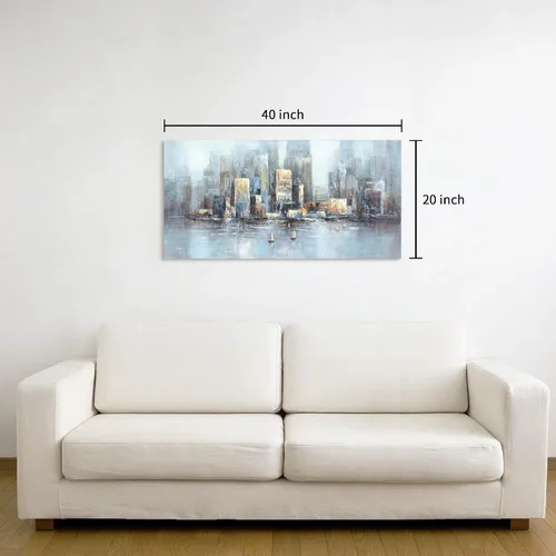 Vista 6 de Lienzo decorativo para pared de ciudad: paisaje abstracto de horizonte moderno, pintura de paisaje urbano contemporáneo, horizontal, vista urbana