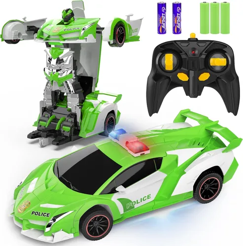 Vista 15 de FDJ - Auto a control remoto que se transforma en robot, transformación con un botón a robot con luz intermitente, juguete de policía para niños