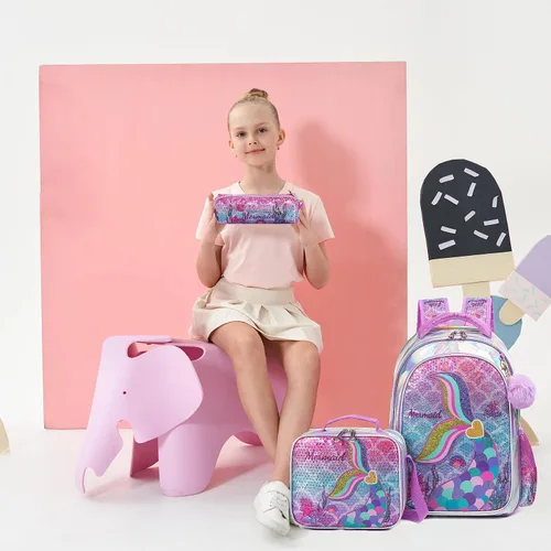 Vista 17 de Mochila para niñas de 16 pulgadas, mochilas para niñas para la escuela, mochila de lentejuelas con lonchera para estudiantes de primaria