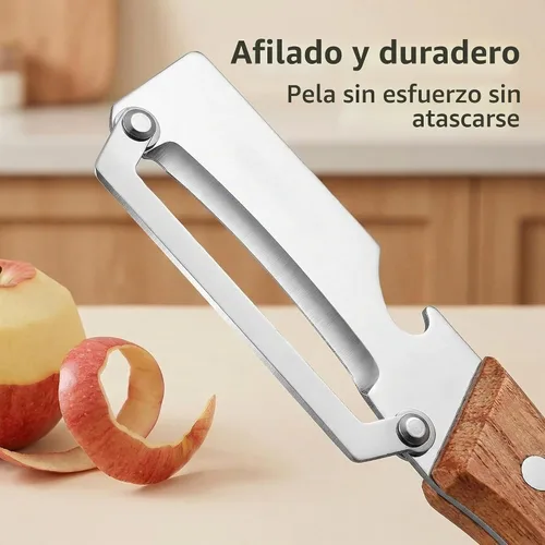Vista 7 de Pelador de verduras multifuncional para cocina, hoja de acero inoxidable ultra afilada con mango de madera y abridor de botellas, para frutas y 1