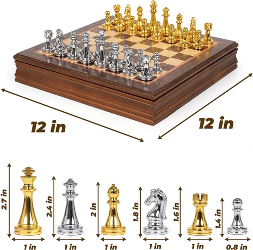 Vista 6 de Juego de ajedrez de metal de 12 pulgadas con tablero de madera para niños y adultos, piezas de ajedrez dorado y plateado, tablero de ajedrez pequeño