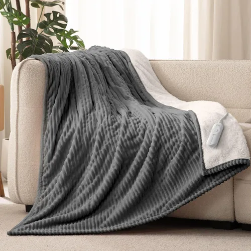 Vista 18 de Reaks - Manta eléctrica térmica de franela sedosa y sherpa, manta de calentamiento con 5 niveles de calor y 3 horas de apagado automático, regalos