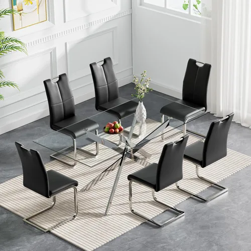 Vista 13 de Juego de mesa de comedor de cristal de lujo de 36 pulgadas para 2, mesa de comedor redonda moderna de 3 piezas con 2 sillas de comedor de cuero