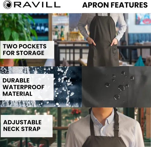 Vista 3 de Ravill Delantal impermeable para hombres y mujeres, 2 bolsillos, 35 pulgadas de largo, delantales de trabajo multiusos para lavavajillas, aseo