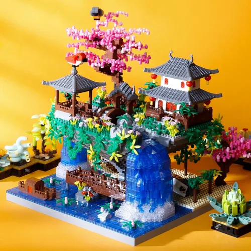 Vista 6 de SAMYBLOCKS Juego de 3600 piezas de microbloques de árbol bonsái de estanque de flor de melocotón, bloques de construcción de arquitectura