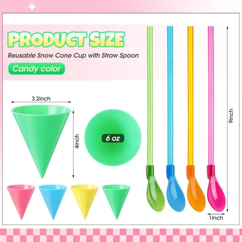 Vista 2 de FoldTier 20 tazas reutilizables de cono de nieve de 6 onzas con 20 cucharas de plástico multicolor de 9.3 pulgadas, suministros de hielo afeitado a