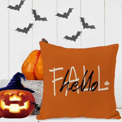 Vista 5 de JOOCAR Juego de 2 fundas de almohada de otoño, con texto en inglés «Hello Pumpkin», «Hello Fall», fundas decorativas de lino para sofá, decoración