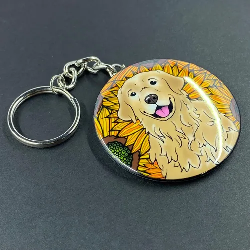 Vista 7 de Golden Retriever Sunflower Keychain - Floral Dog Key Ring - Pet Portrait Cartoon Art Gifts & Collectible Accessories