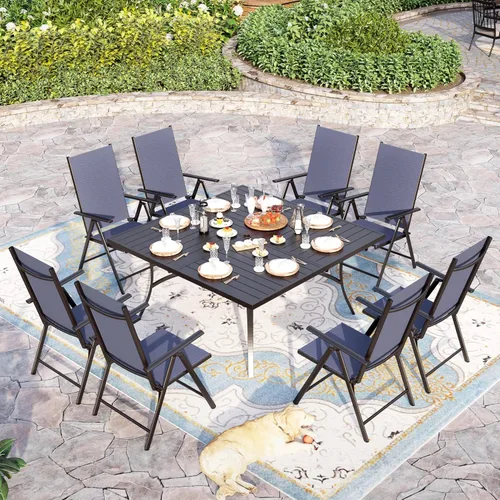 Vista 14 de Sophia & William Juego de comedor de patio para 8 personas, juego de mesa de comedor al aire libre grande cuadrada de metal negro y 8 sillas