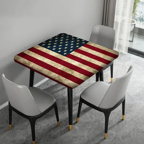 Vista 4 de Mantel cuadrado ajustable con bandera americana, 4 de julio, Día de la Independencia, manteles de madera con borde elástico, resistente a