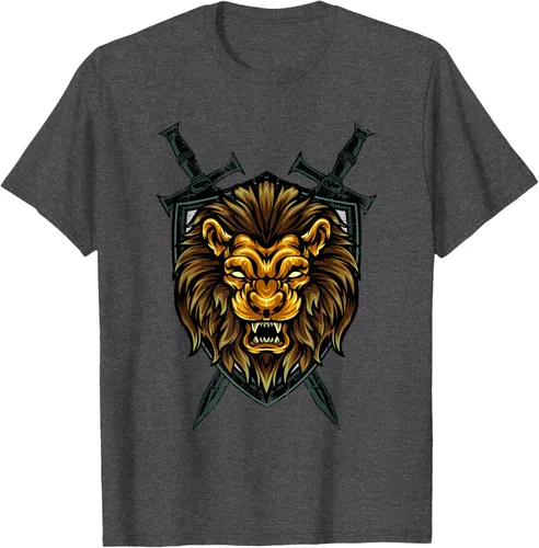 Vista 26 de Camiseta con diseño de caballero medieval renacentista, con diseño de espada de león, Negro, S