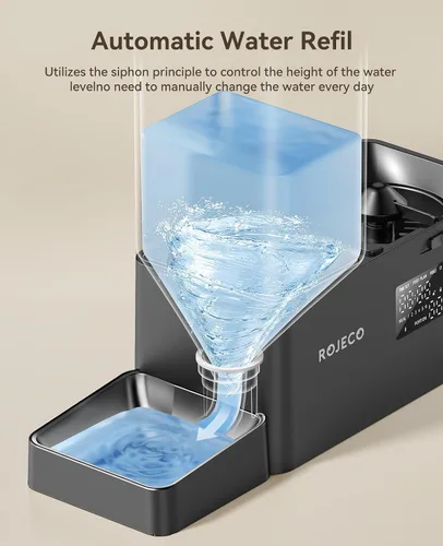 Vista 5 de Rojeco Dispensador Automático para Mascotas de 36 Tazas/8.5L y Dispensador de Agua por Gravedad, Juego de Cuencos de Acero Inoxidable 2-en-1 de Gran