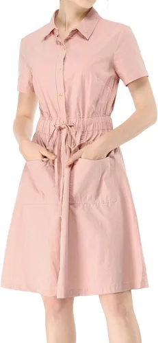 Vista 2 de Allegra K Vestidos de safari para mujer, de manga corta, de algodón, con cuello abotonado, vestido camisero