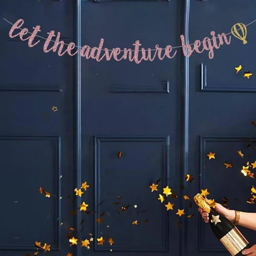 Vista 6 de Cartel de "Let The Adventure Begin", decoración de letrero con purpurina de oro rosa para jubilación, baby shower, mudanza, graduación, viajes