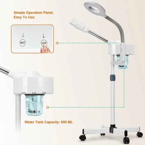 Vista 2 de Vaporizador facial 2 en 1, vaporizadores faciales profesionales con lámpara de aumento 5X, vaporizador facial para esteticista, vaporizador facial