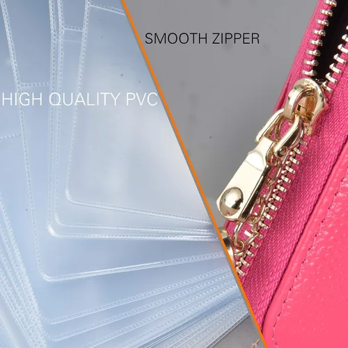 Vista 7 de Easyoulife Billetera Tarjetero de Tarjetas de Crédito para Mujer con Cremallera de Cuero y Bloqueo RFID, Rosa, medio