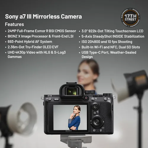 Vista 3 de Sony Cámara sin espejo a7 III (negro) - Cámara digital de marco completo de 24 MP con baterías y kit de cargador doble, kit de software Corel