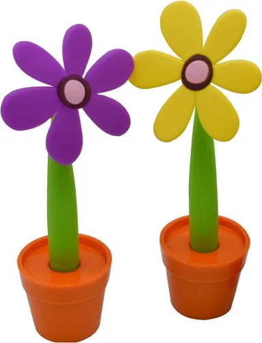 Vista 8 de Maydahui Juego de 4 bolígrafos de flores con soporte para macetas en el escritorio, bonito diseño creativo colorido para fiesta de estudiantes, día